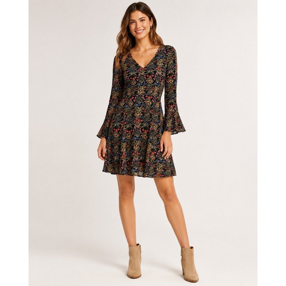 Old Navy Dress Womens 10 Black Floral Garden Party Flare Sleeve Fall Bell Sleeve